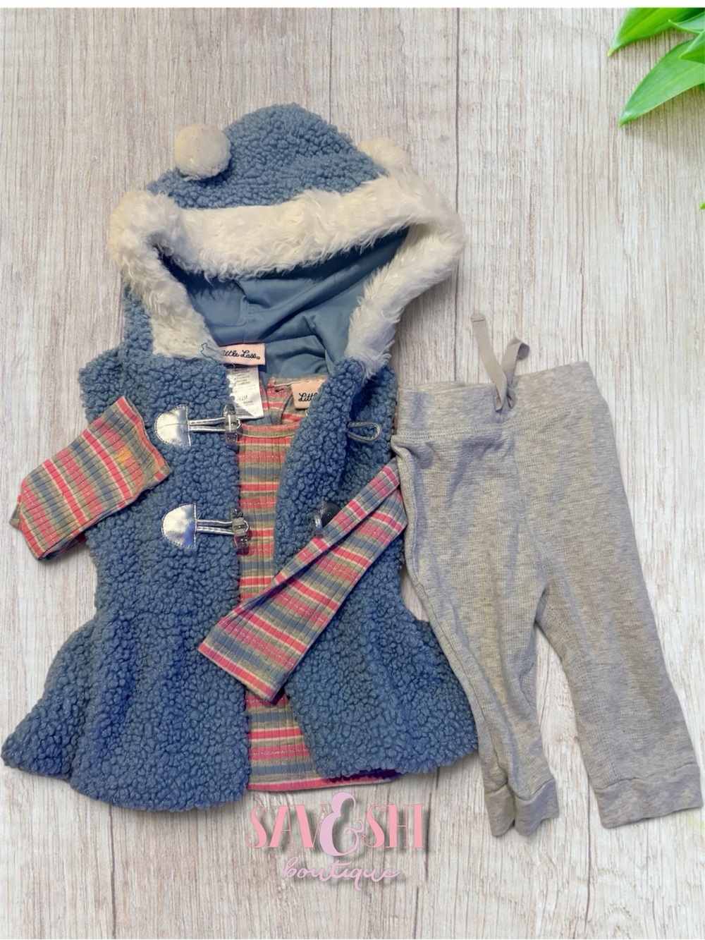 Little Lass 3 Piece Set Blue Sherpa Hooded Vest Striped Top Gray Leggings 12M
